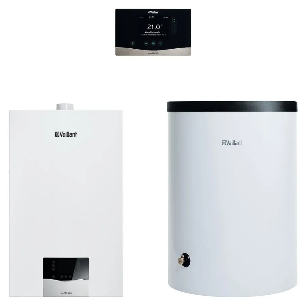 Vaillant Heizungssystem, bestehend aus einem weißen Kessel, einem weißen Speicher mit schwarzem Deckel und einem digitalen Thermostat zur Temperaturregelung.